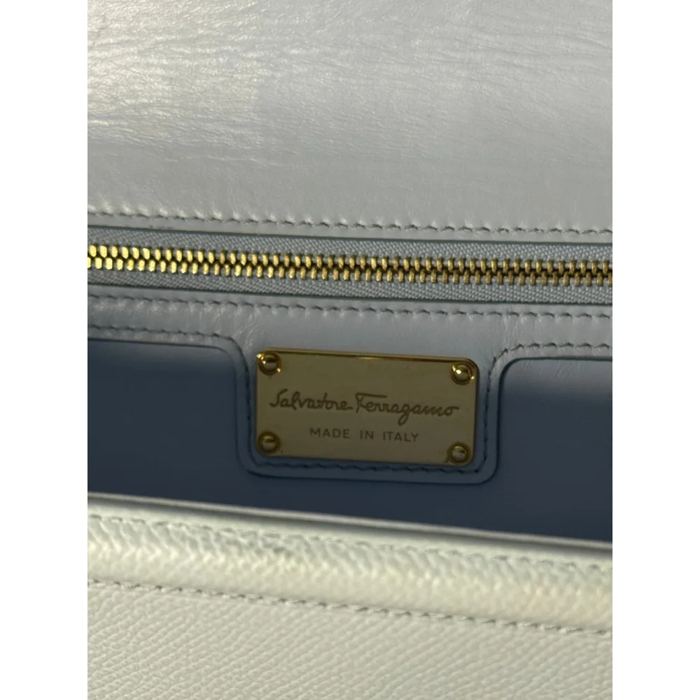 Salvatore Ferragamo Ginny Vara Bow Embossed Pale Blue Pebble Calfskin Flap Bag - Picture 14 of 15